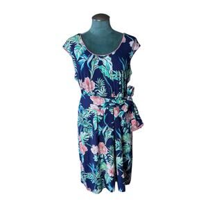 Tommy Bahama Bangalore Blossoms Belted Island Navy Short Dress L Resort Boho 
